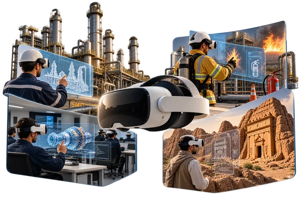 مشهد يجمع قطاعات AUTOXTION: منشأة صناعية، وتدريب على الطوارئ، وقاعة تعليمية، وموقع تراثي