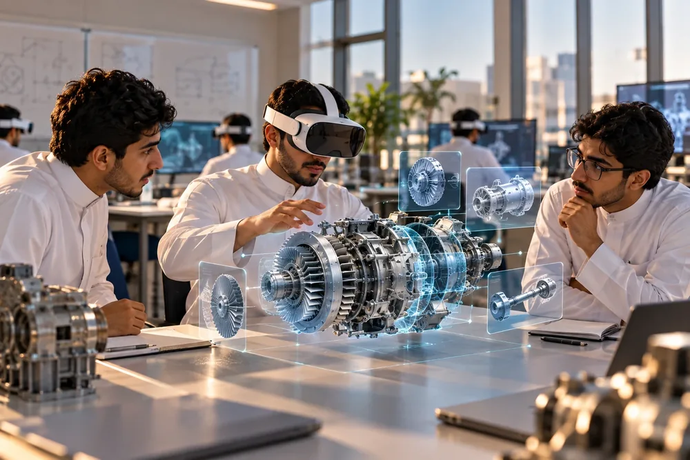 طلاب في مختبر هندسي يستكشفون نموذجا ثلاثي الأبعاد لمحرك