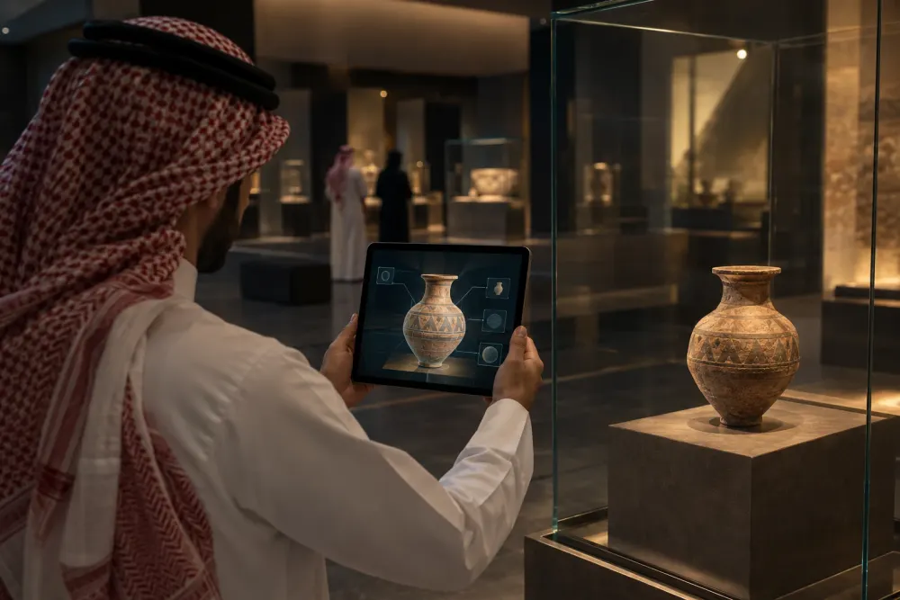 زائر في متحف يوجه جهازه اللوحي نحو إناء فخاري أثري، فيظهر على الشاشة نموذجه الرقمي وتفاصيله